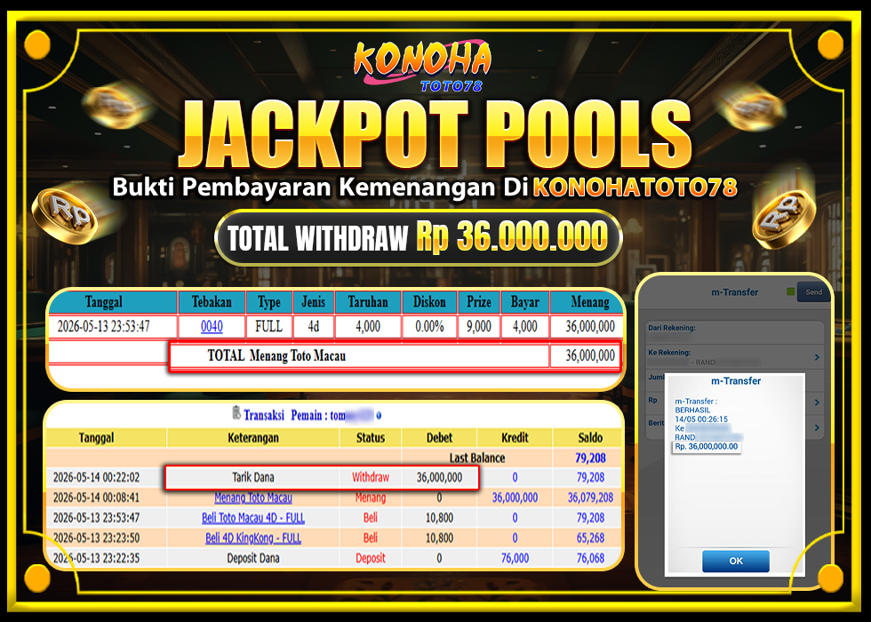 KONOHATOTO78 JACKPOT TOGEL PASARAN TOTOMACAU Rp.36.000.000 LUNAS